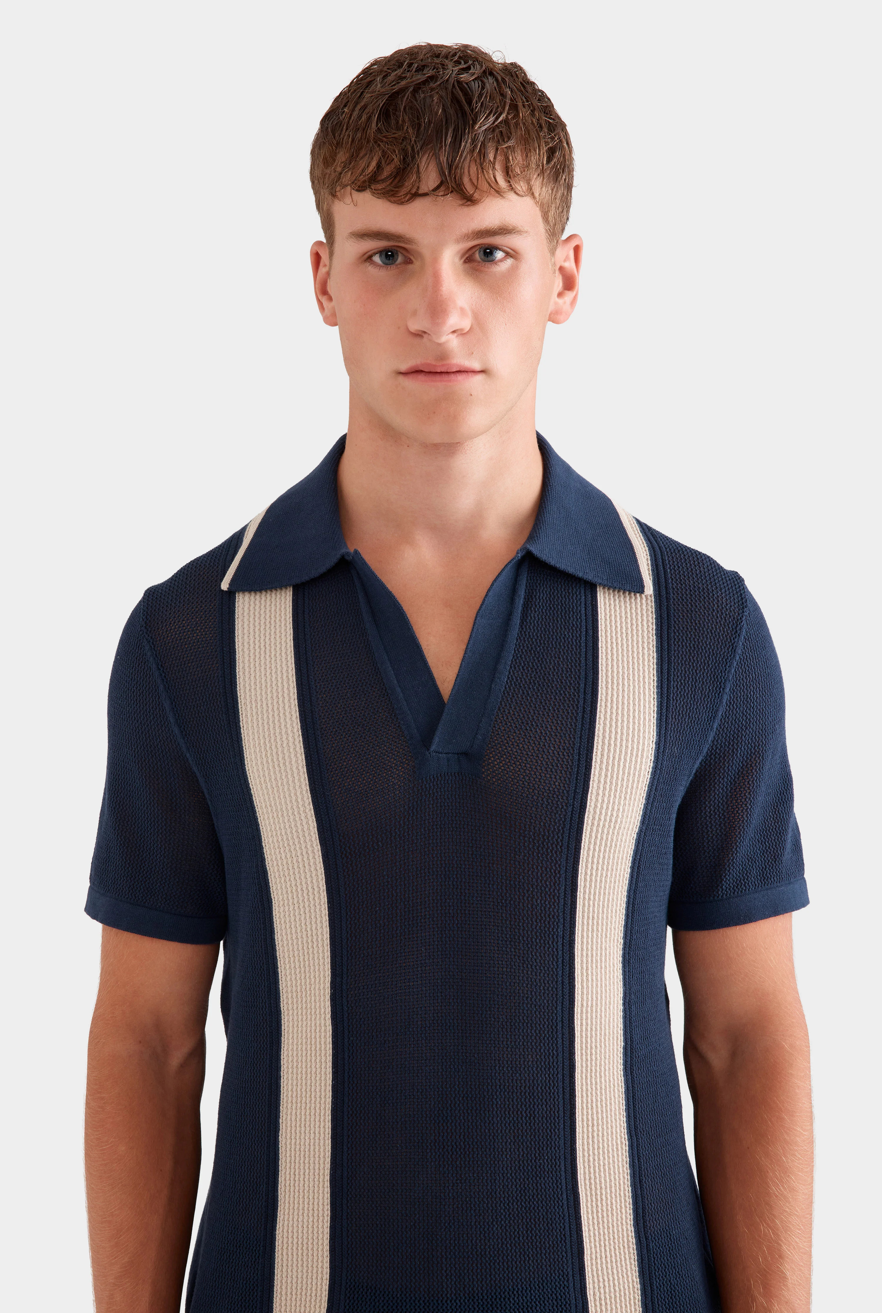 Knitted Cotton Pique Open Neck Polo in Navy/Taupe | Venroy | Venroy AU