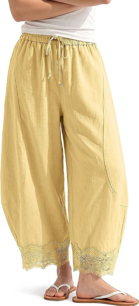TARSE Womens Linen Wide Leg Cropped Lace Trim Pants | Amazon (US)