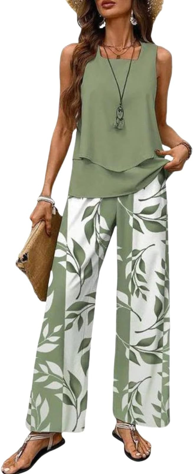 2 Piece Sets for Women Summer Boho Floral Sleeveless Tiered Tank Top Wide Leg Pants Lounge Set 20... | Amazon (US)