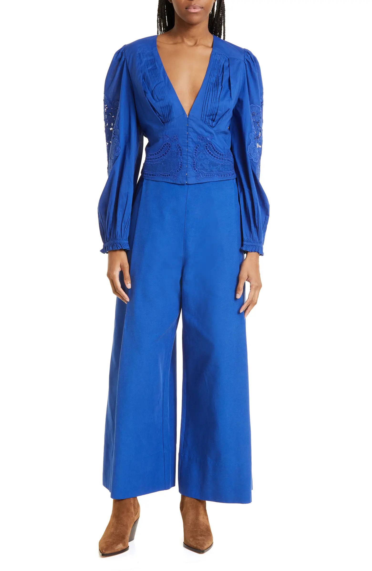 Blue Pleated Embroidered Cotton Top | Nordstrom