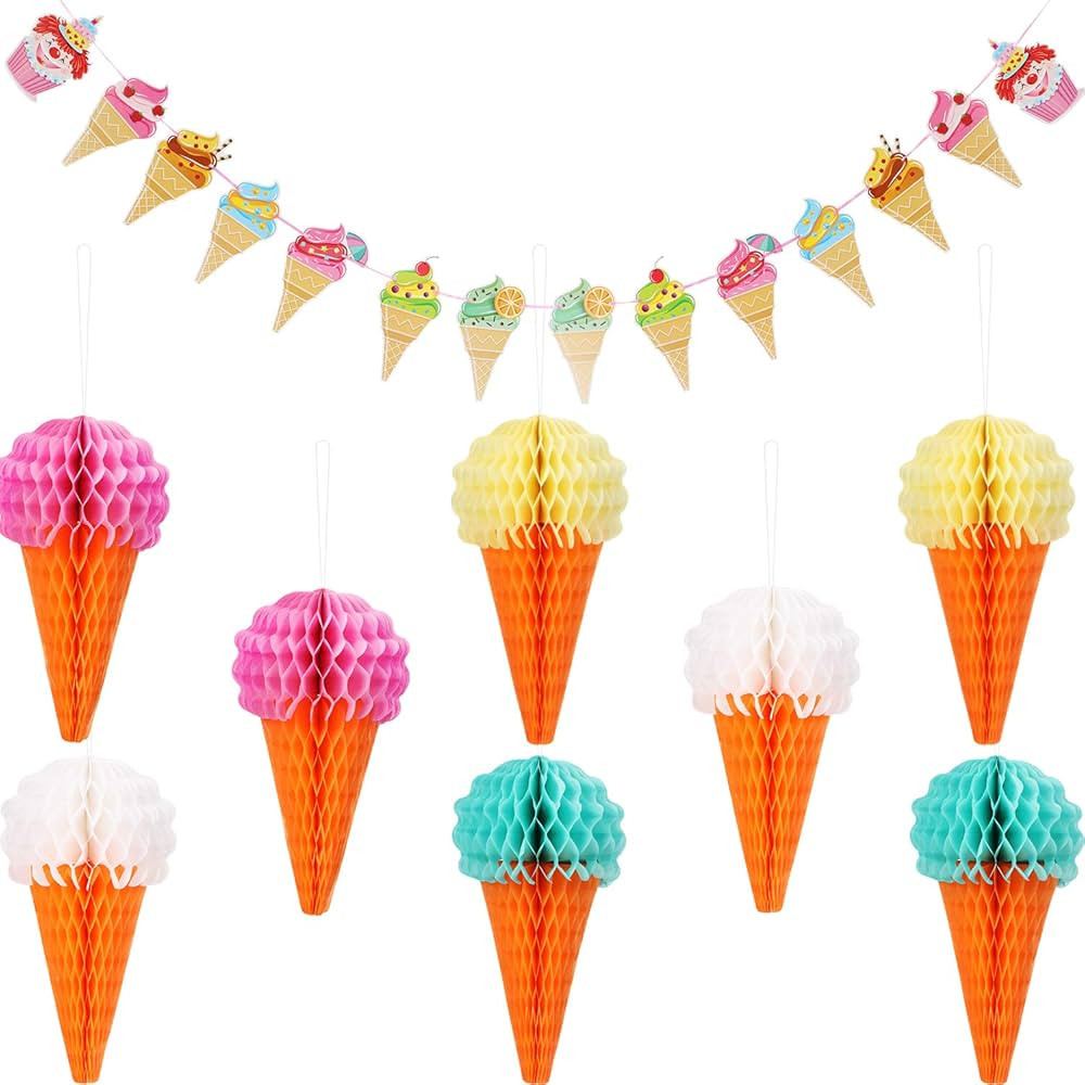 Maitys 9 Pieces Hanging Ice Cream Honeycomb Ball Tissue Paper Ice Cream Banner for Wedding Birthd... | Amazon (US)