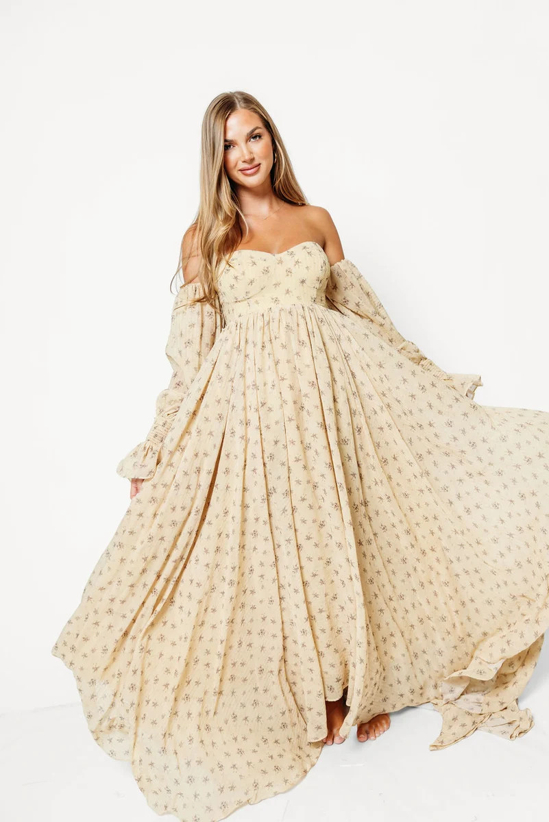 Delilah Maxi Dress with Train in Honey Brown Floral - Bump Friendly *9 | Worth Collective