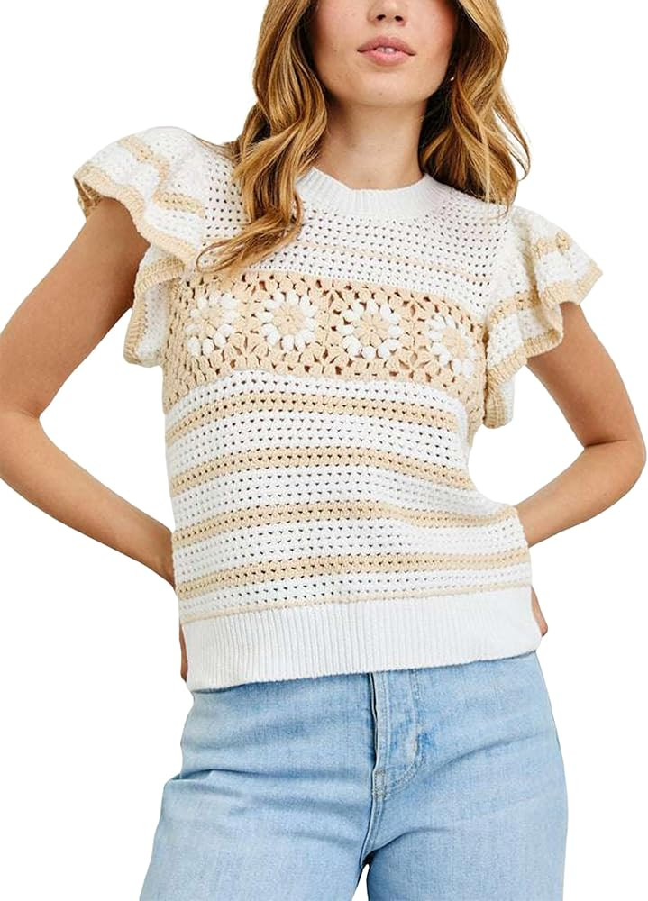 Yeokou Womens Crochet Sweater Top Short Flutter Sleeve Crew Neck Summer Casual Knit Tank Pullover... | Amazon (US)