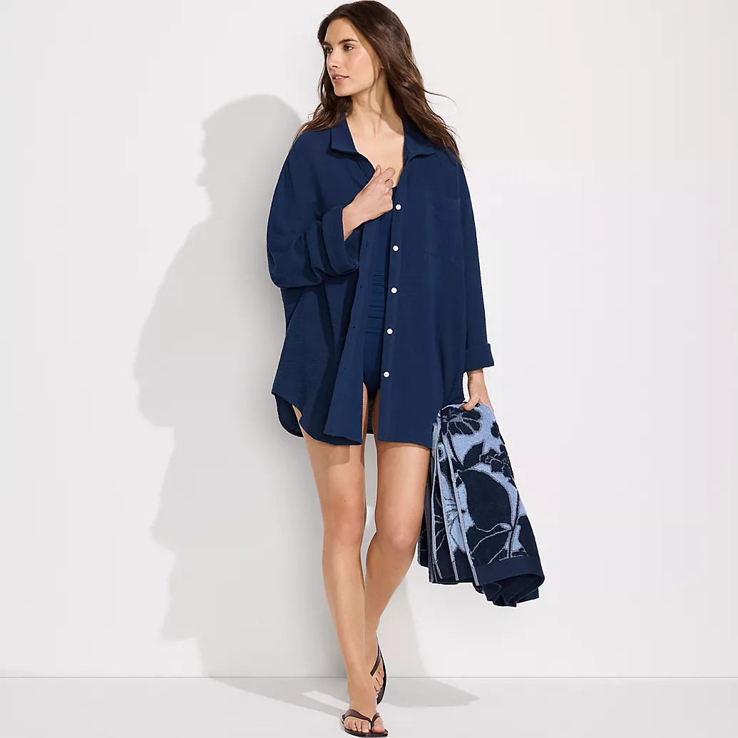 Women's Oversized Gauze Button Front Cover-Up Shirt | Lands' End (US)
