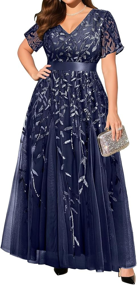 Pinup Fashion Plus Size Formal Wedding Guest Prom Evening Sequin Long Dress | Amazon (US)
