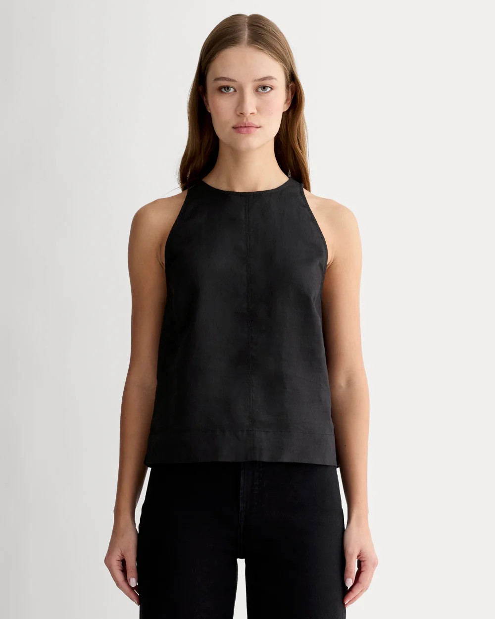 Everlane Linen High-Neck Tank Top In Black, Size 0 | Everlane