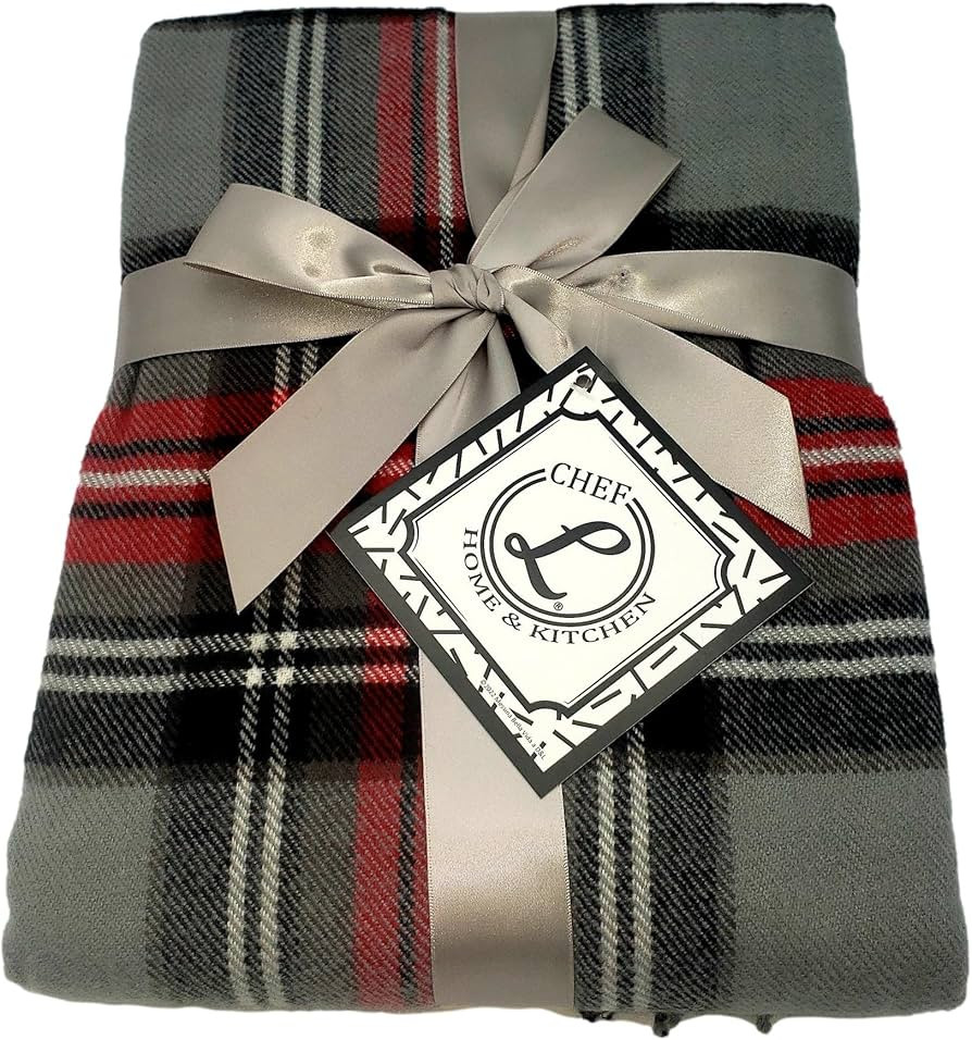 CHEF L HOME & KITCHEN Lightwight Throw Gray/RED Plaid with Tassels/Fringe- 60" x 50" | Amazon (US)
