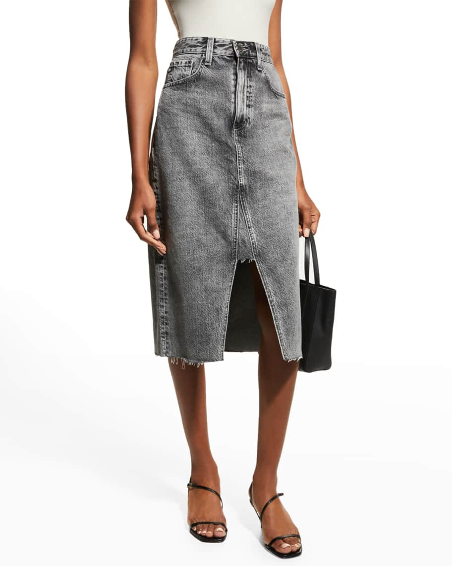 AG Jeans Haruko Distressed Vintage Denim Midi Skirt | Neiman Marcus