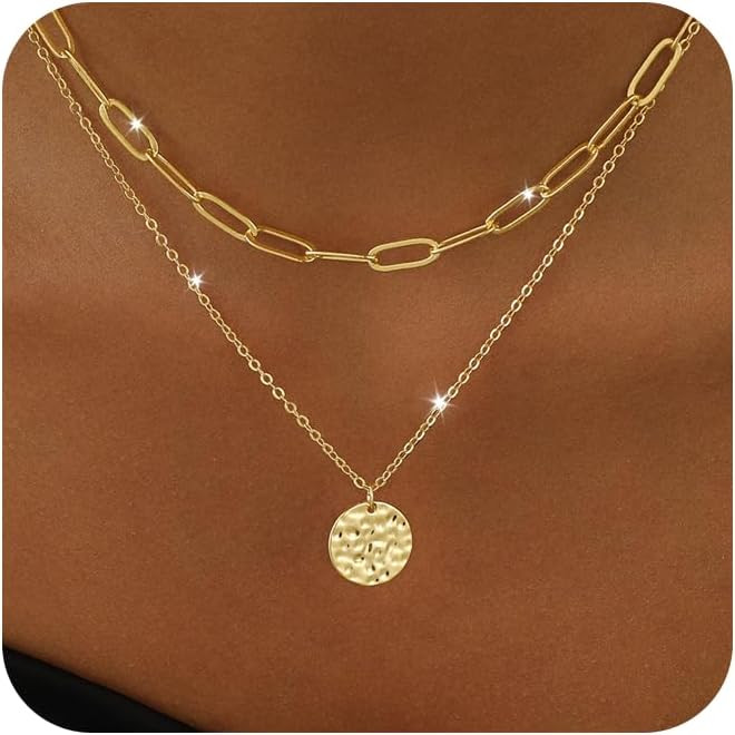 Layered Necklaces for Women 14K Gold Plated Stack Circle Pendant Trendy Long Chain Stackable Hand... | Amazon (US)