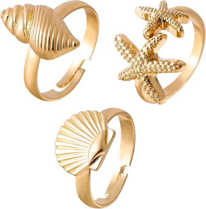 Mikovivi 3pcs Shell Starfish Conch Rings, Gold Dainty Open Rings Stylish Starfish Seashell Jewelr... | Amazon (CA)