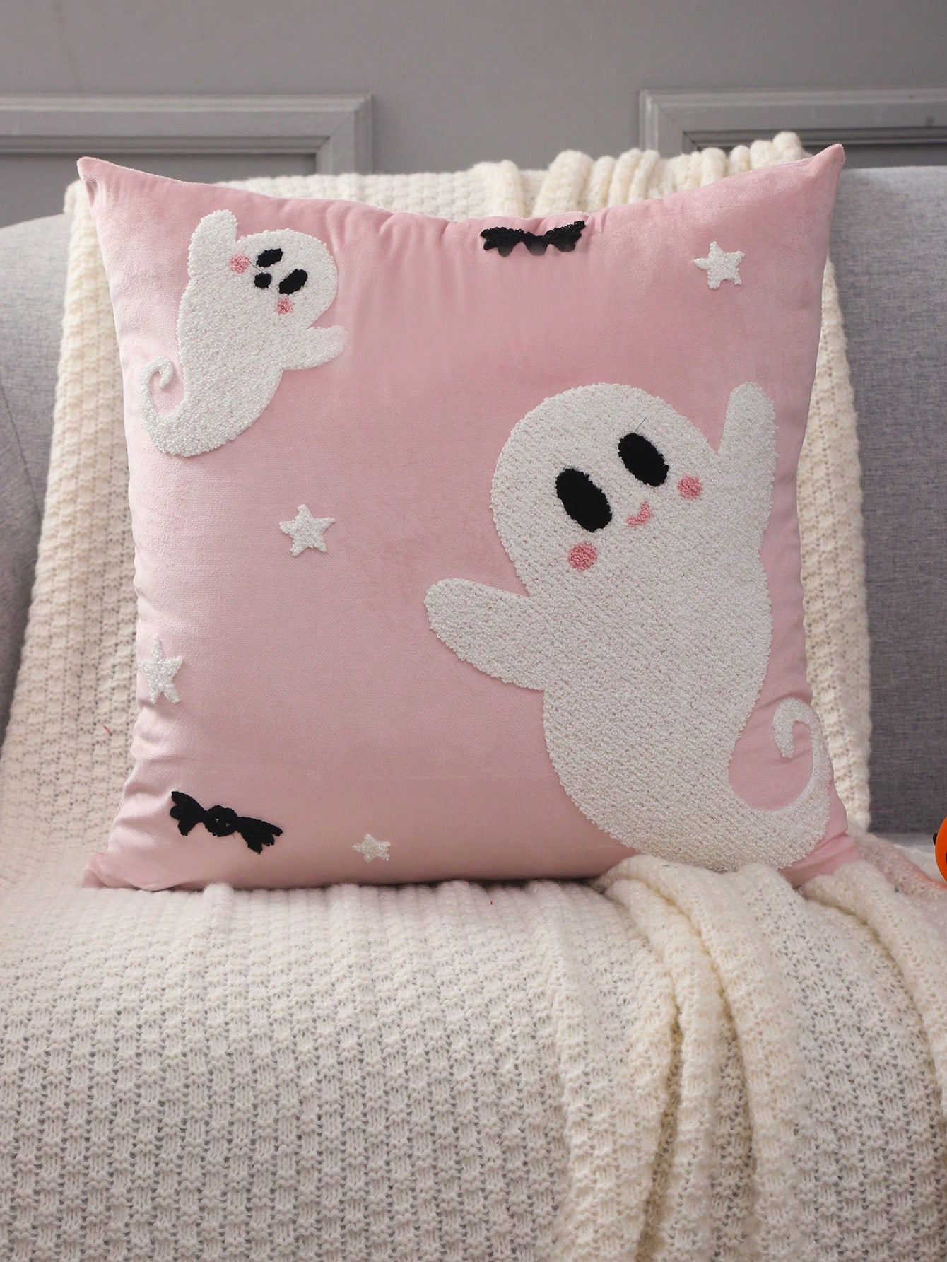 1pc Halloween Decorative Throw Pillow Cover Case, Plush Embroidered Ghost For Living Room Bedroom | SHEIN