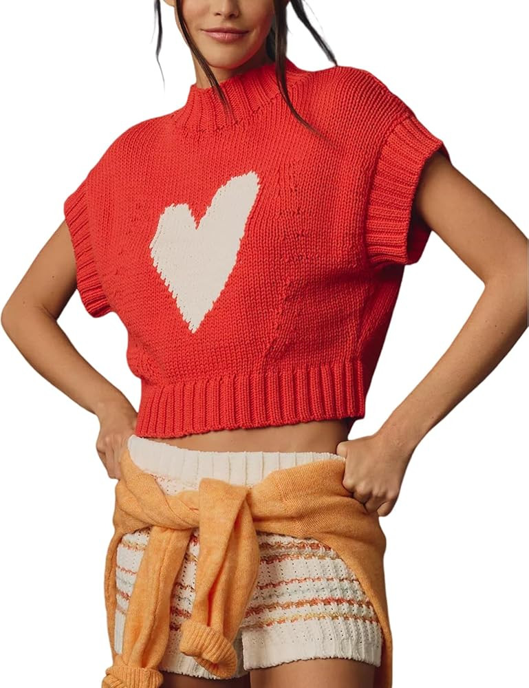 Yimoon Women Cap Sleeve Sweater Tank Mock Neck Sweater Vest Cute Heart Knit Cropped Pullover 2025... | Amazon (US)