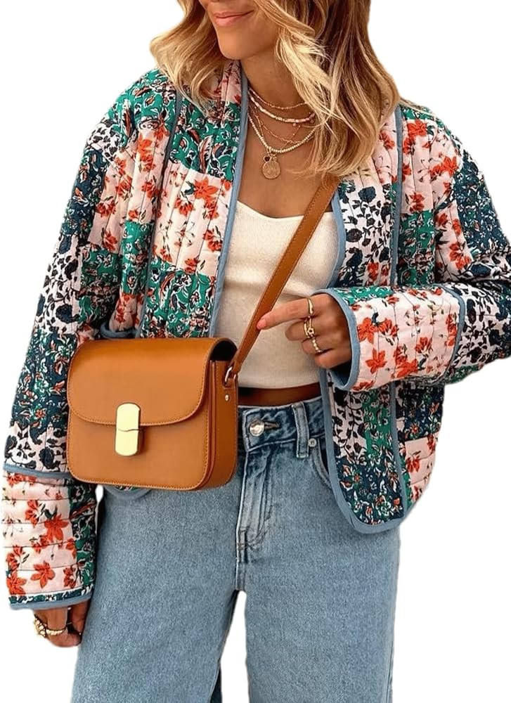 Mingzhu Womens Oversized Open Front Floral Print Quilted Puffer Jacket Lightweight Puffy Short Ja... | Amazon (US)