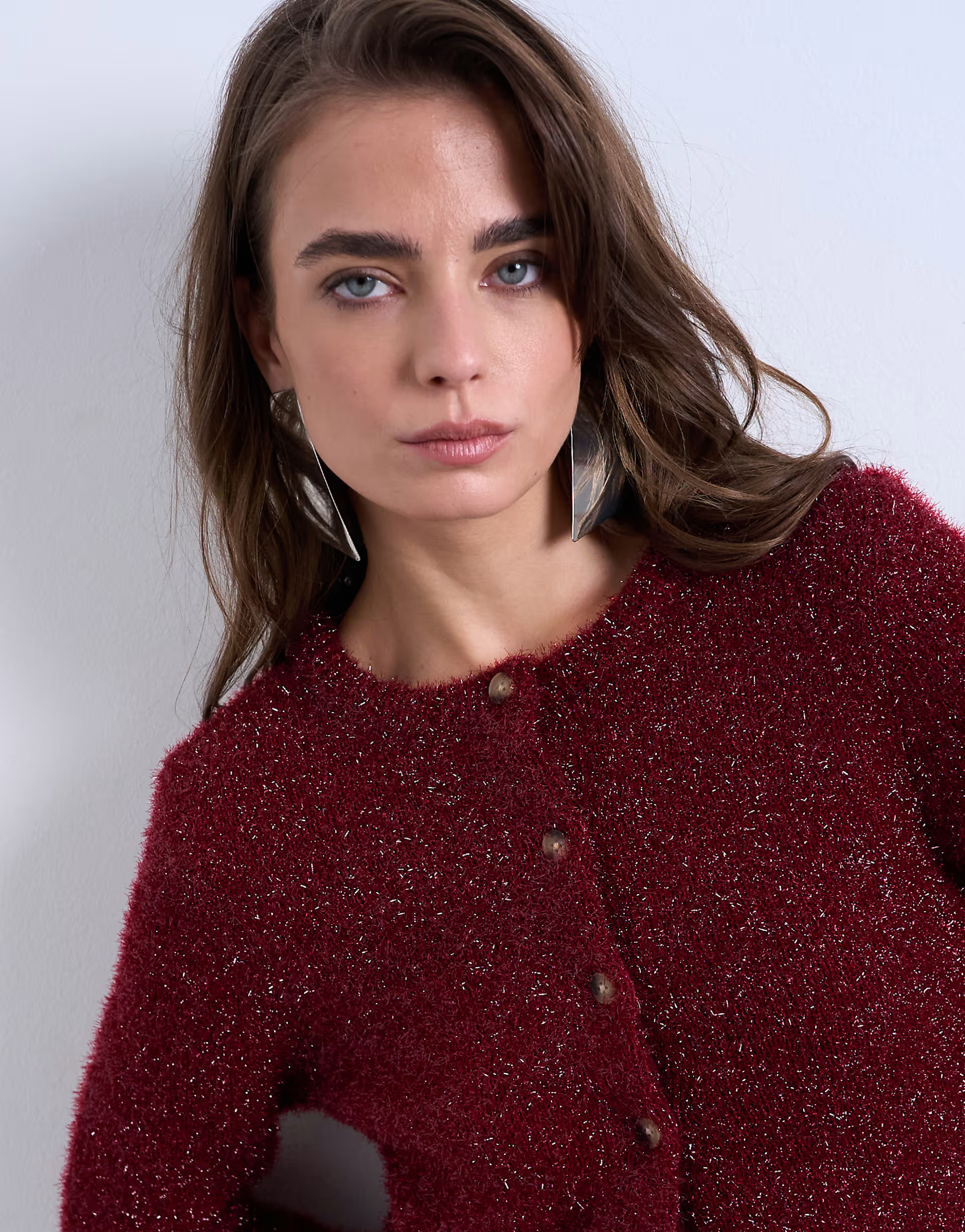 Topshop knitted tinsel cardigan in burgundy | ASOS (Global)