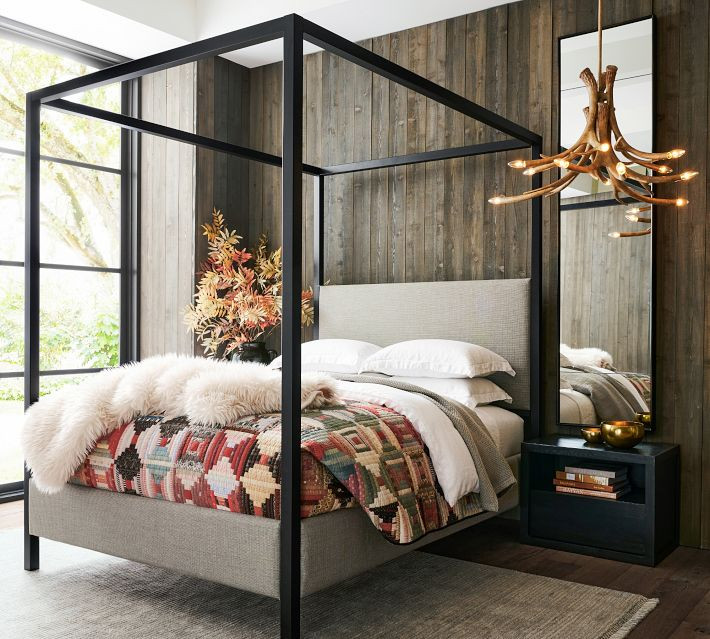 Atwell Canopy Bed, King, Matte Black, Chateau Basketweave Light Gray | Pottery Barn (US)