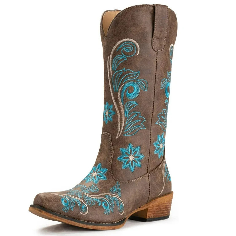 IUV Mid-Calf Cowgirl Boots Cowboy Western Pull-On Tabs Pointy Toe Boot,Sizes 5-11 | Walmart (US)