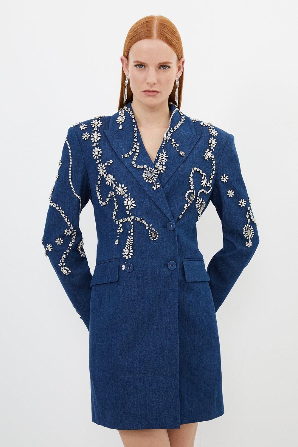 Embellished Denim Double Breasted Blazer Mini Dress | Karen Millen US