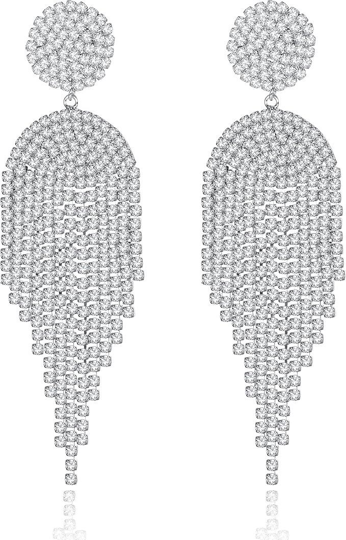 LOLIAS Silver Clip on Earrings for Non-Pierced Women,Sparkly Rhinestone Tassle Dangle Earrings fo... | Amazon (US)
