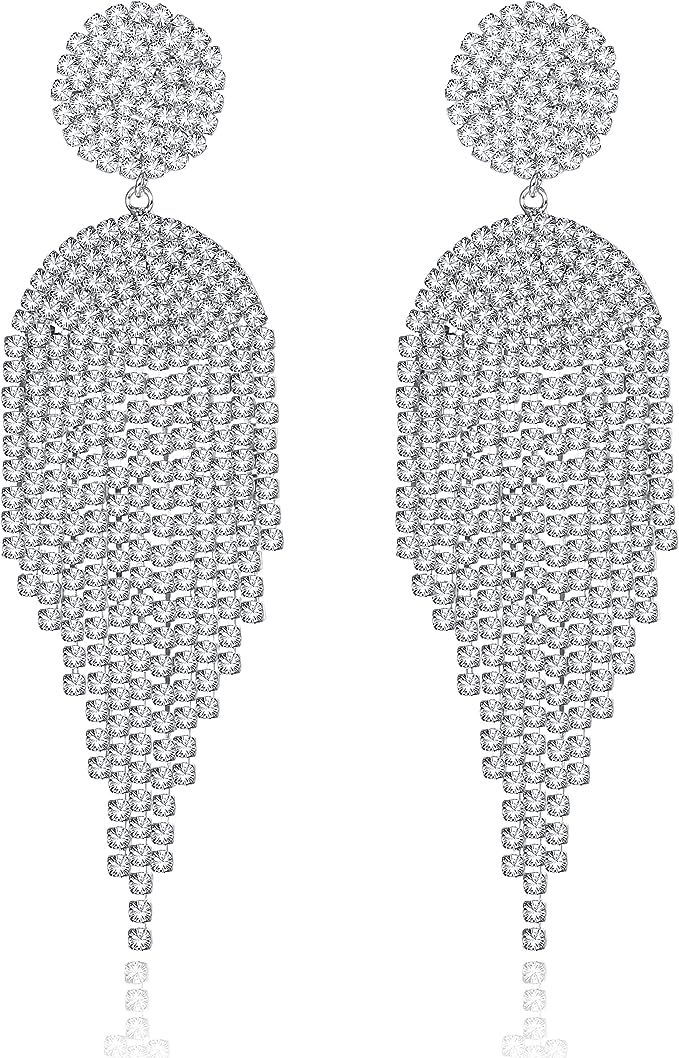 LOLIAS Silver Clip on Earrings for Non-Pierced Women,Sparkly Rhinestone Tassle Dangle Earrings fo... | Amazon (US)