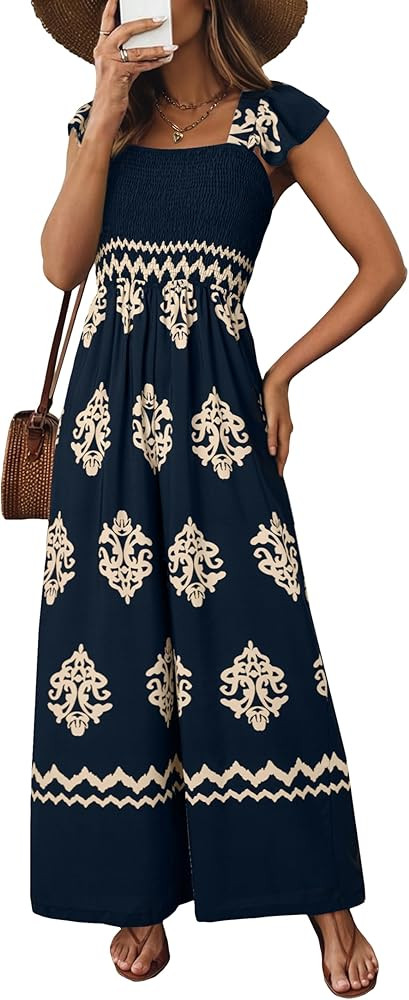 Happy Sailed Womens Summer Jumpsuits Printed Square Neck High Waisted Pockets Wide Leg Rompers Be... | Amazon (US)