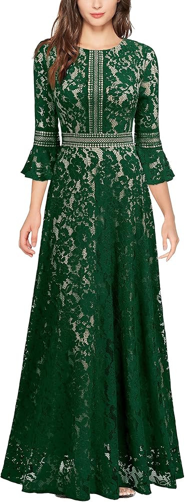 MISSMAY Women's Vintage Full Lace Contrast Bell Sleeve Formal Long Dress | Amazon (US)