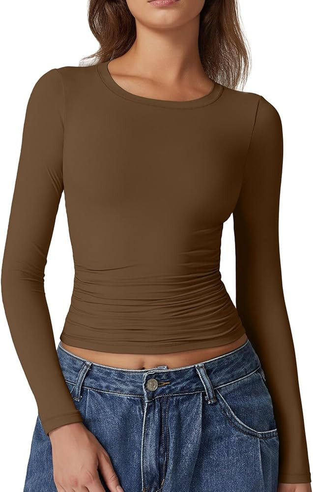 QINSEN Womens Crewneck Long Sleeve Shirt Double Lined Basic Tees Side Ruched Going Out Crop Tops | Amazon (US)