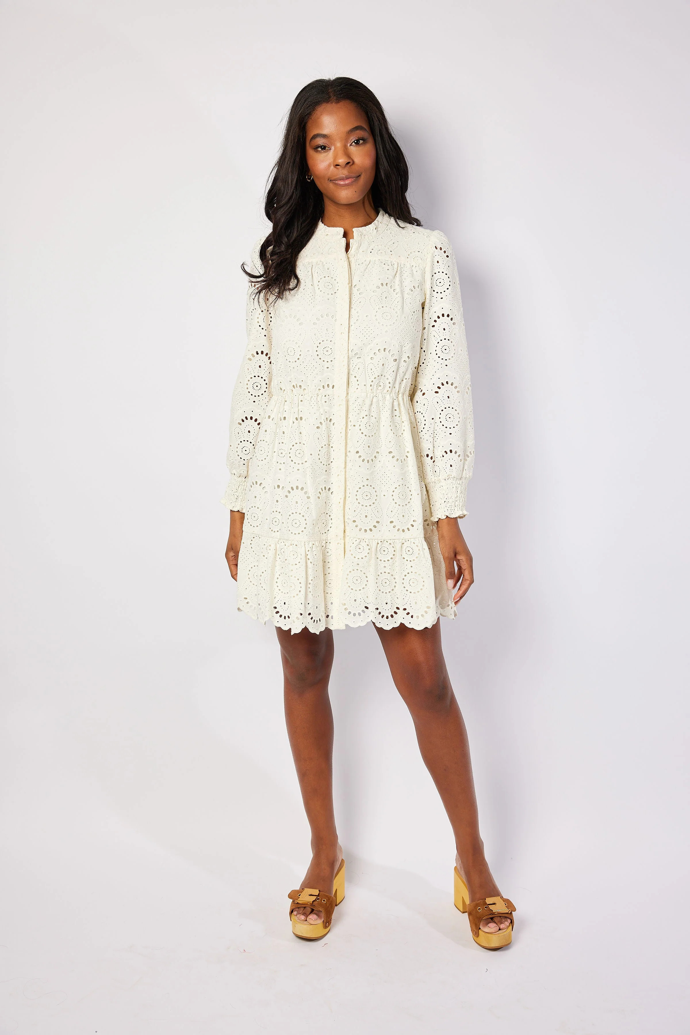 Ivory Eyelet Long Sleeve Cinched Waist Dress | Sail to Sable