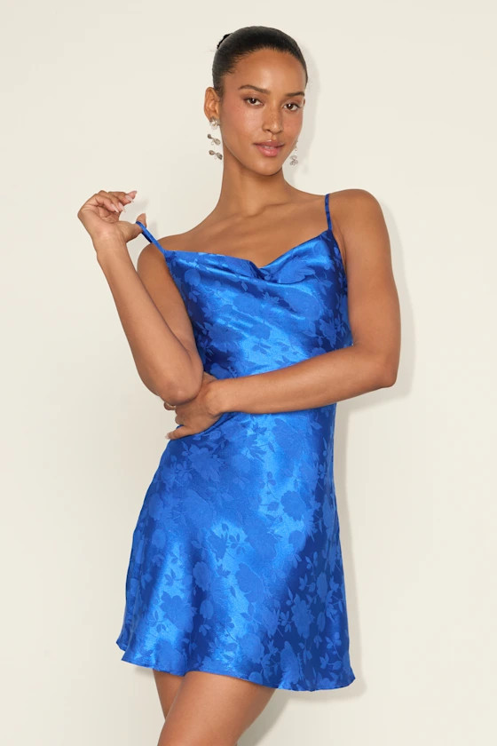Close to Your Heart Royal Blue Satin Jacquard Cowl Slip Dress | Lulus
