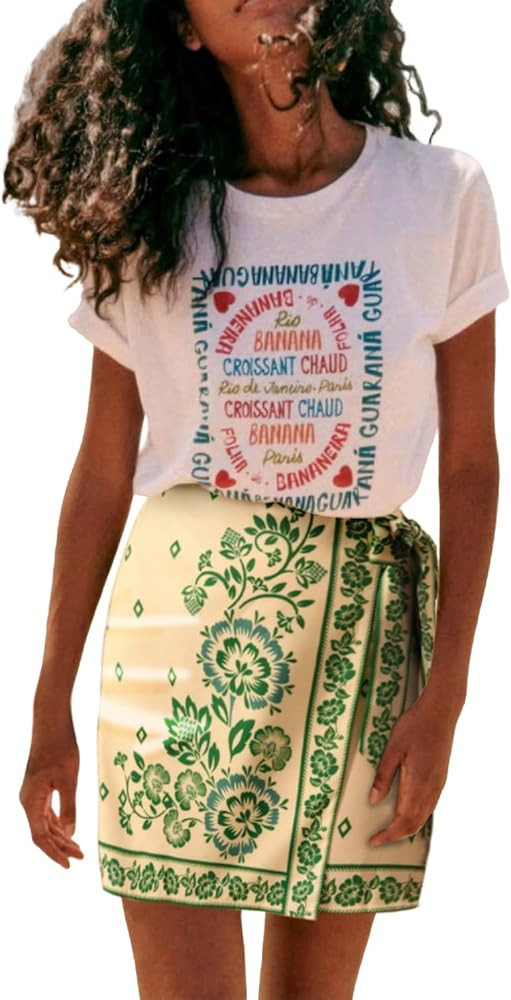 Womens Summer Floral Wrap Short Skirt Tie Side High Waist A Line Beach Vacation Boho Mini Skirt | Amazon (US)