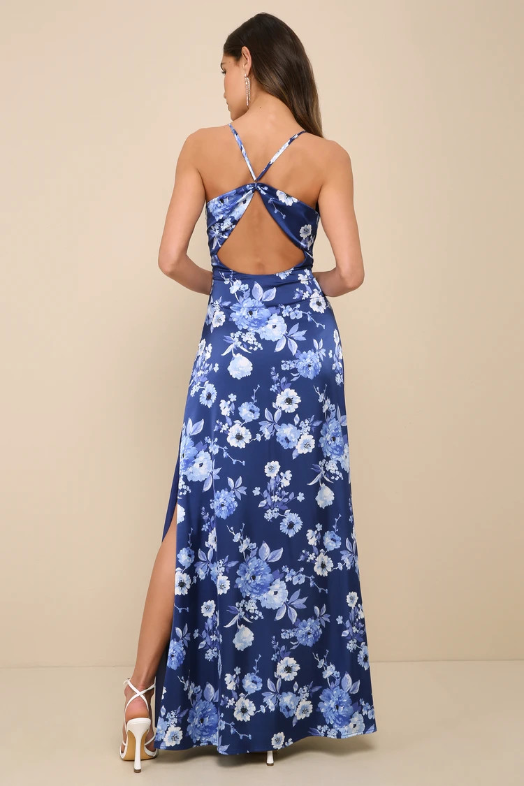 Wondrous Allure Navy Blue Floral Satin Backless Maxi Dress | Lulus