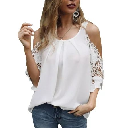 Women Lace Crochet Short Sleeve Tshirts Cold Shoulder Solid Loose Tunic Shirt Summer Beach Tops Shir | Walmart (US)