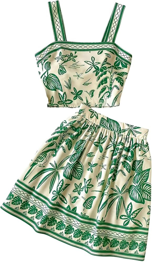 Floerns Girl's 2 Piece Vacation Outfits Boho Tropical Smocked Crop Tank Tops with A Line Skirt Se... | Amazon (US)
