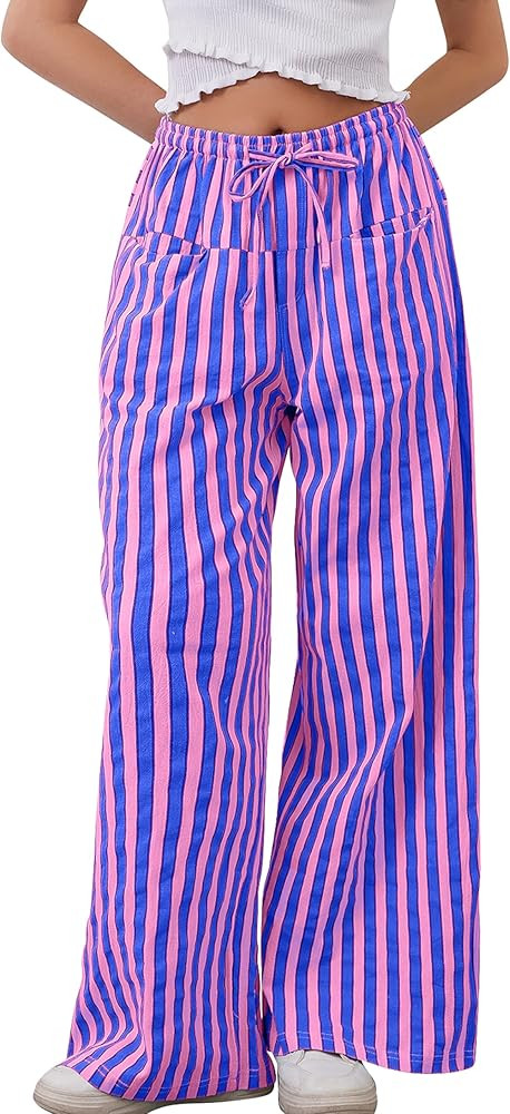 MISSACTIVER Women Drawstring Striped Pants Loose Wide Leg Trousers Casual Low Waist Pants Comfy L... | Amazon (US)