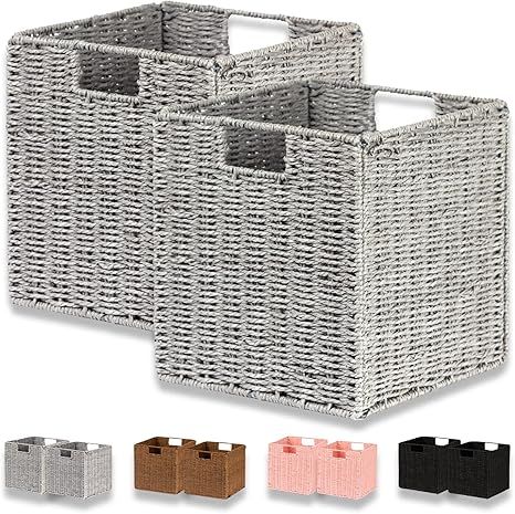 Vagusicc Wicker Baskets, Set of 2 Hand-Woven Paper Rope Storage Baskets Woven, Foldable Cubby Sto... | Amazon (US)