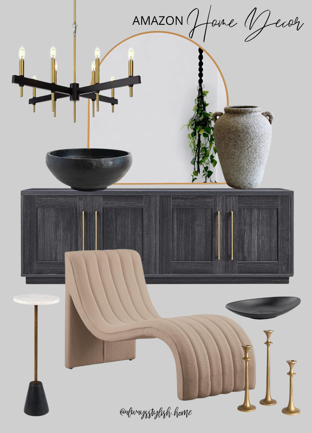 Amazon living room inspo, modern chaise lounge chair, black wood cabinet, gold arch top mirror, rustic vase, black bowl, modern chandelier, marble drink table, gold candelstick, | Amazon (US)