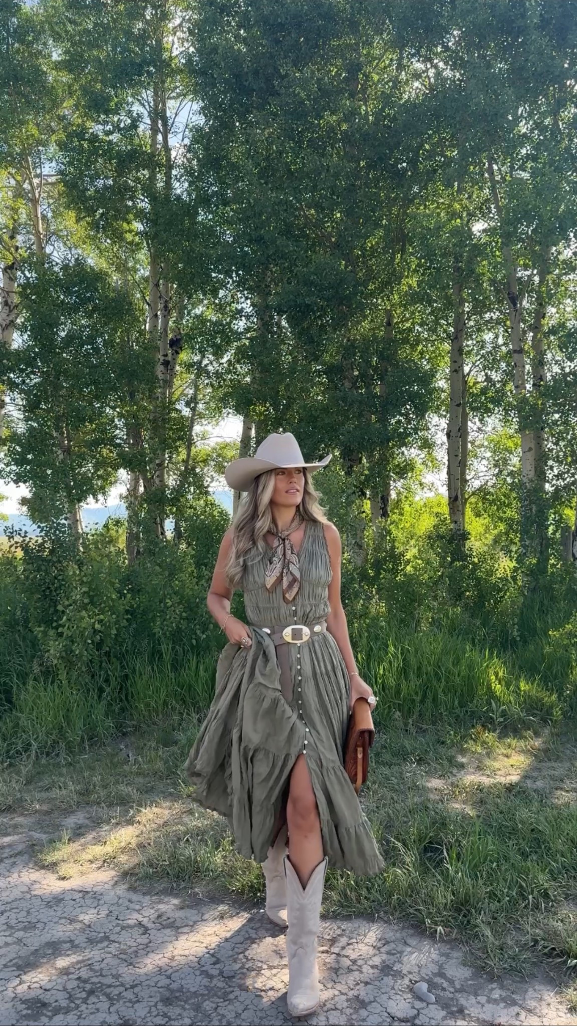 jackson hole, Wyoming  outfit 
size xs dress, size down half size in boots, hat is boot barn but linking similar, belt in a small, bag is vintage find 

#LTKStyleTip #LTKFindsUnder50 #LTKSeasonal