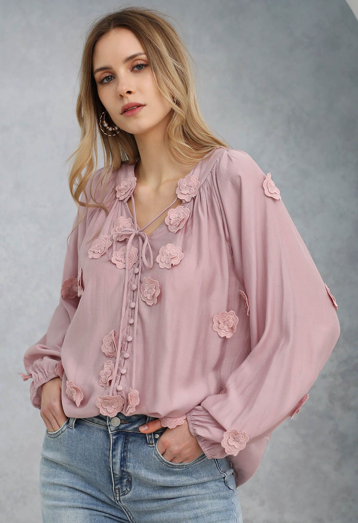 Romantic Blossom 3D Lace Flowers Buttoned Shirt in Pink | Chicwish