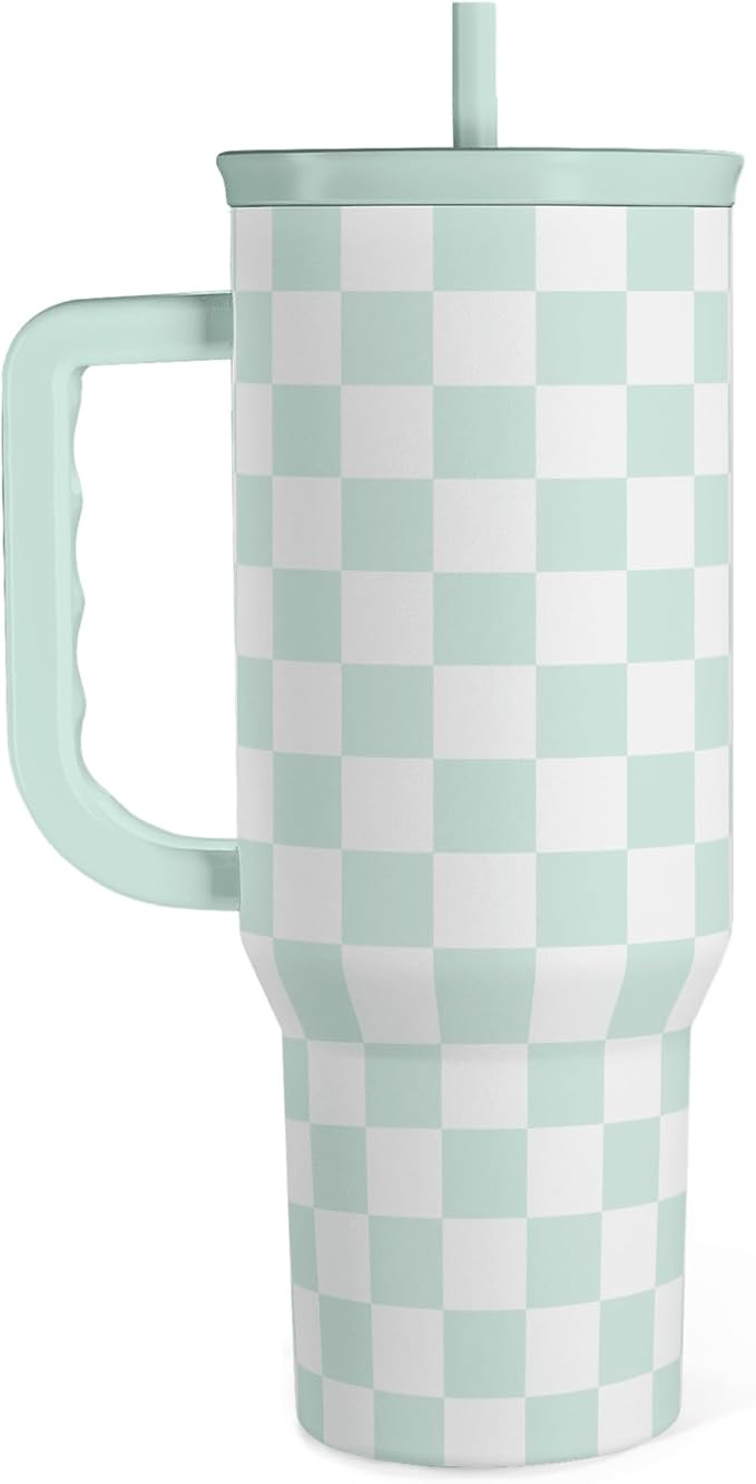 SANDJEST Checkered Tumbler with Handle 40oz, Mint Checker Cup Stainless Steel Insulated Tumblers ... | Amazon (US)