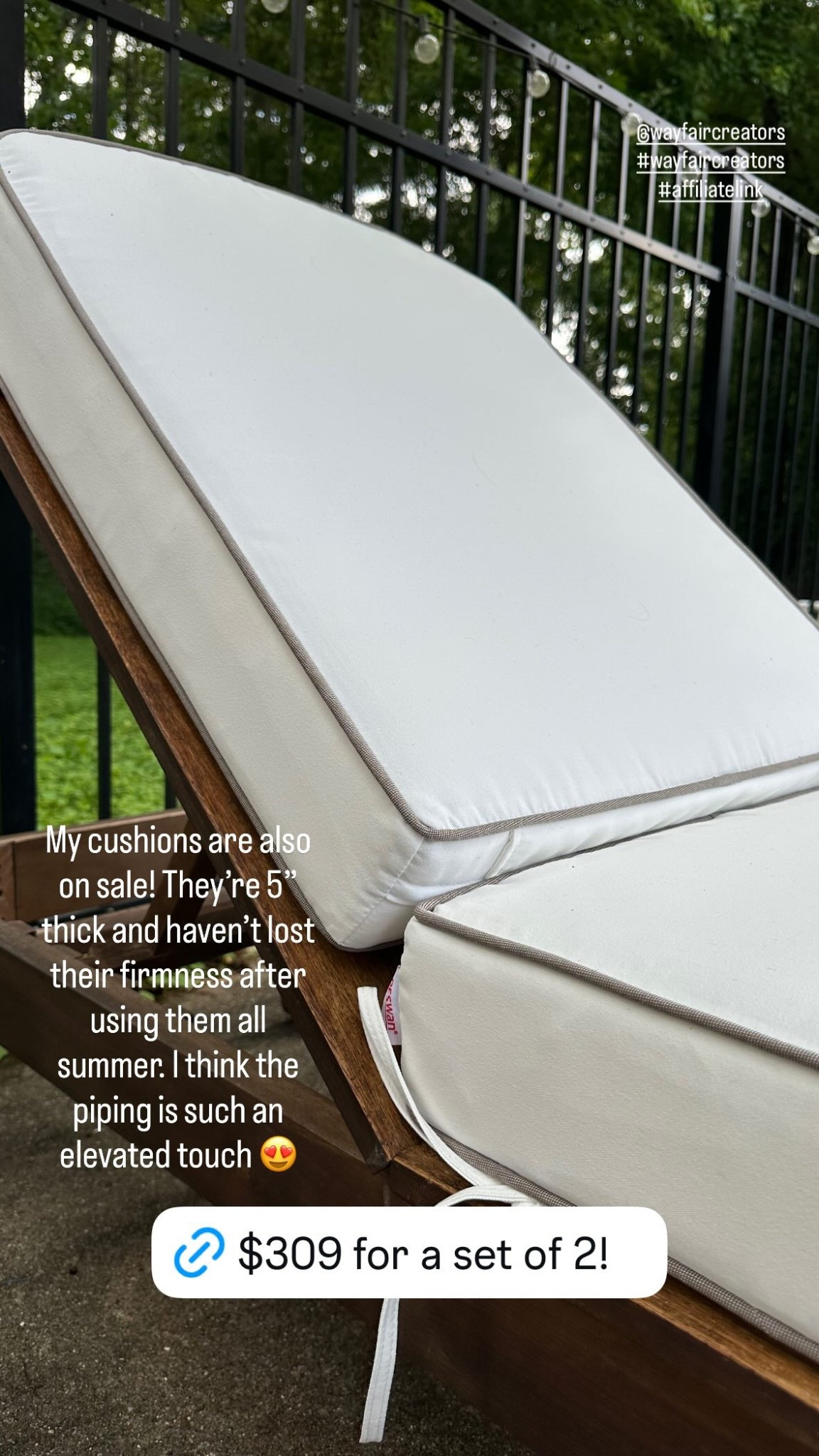My cushions are also on sale! They’re 5” thick and haven’t lost their firmness after using them all summer. I think the piping is such an elevated touch 😍 #poolside #poolpatio #patiofurniture #chaiselounge #patiochairs #outdoorliving #cushions #pool #outdoorstyle 

#LTKHome #LTKStyleTip #LTKSeasonal