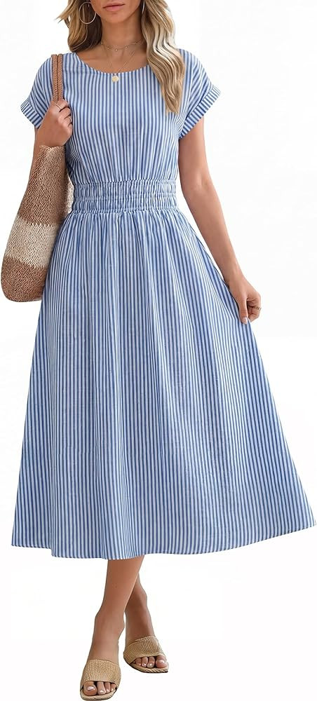 ANRABESS Womens Summer Midi Dress Striped Casual Short Sleeve Crewneck Empire Waist 2026 Flowy Lo... | Amazon (US)