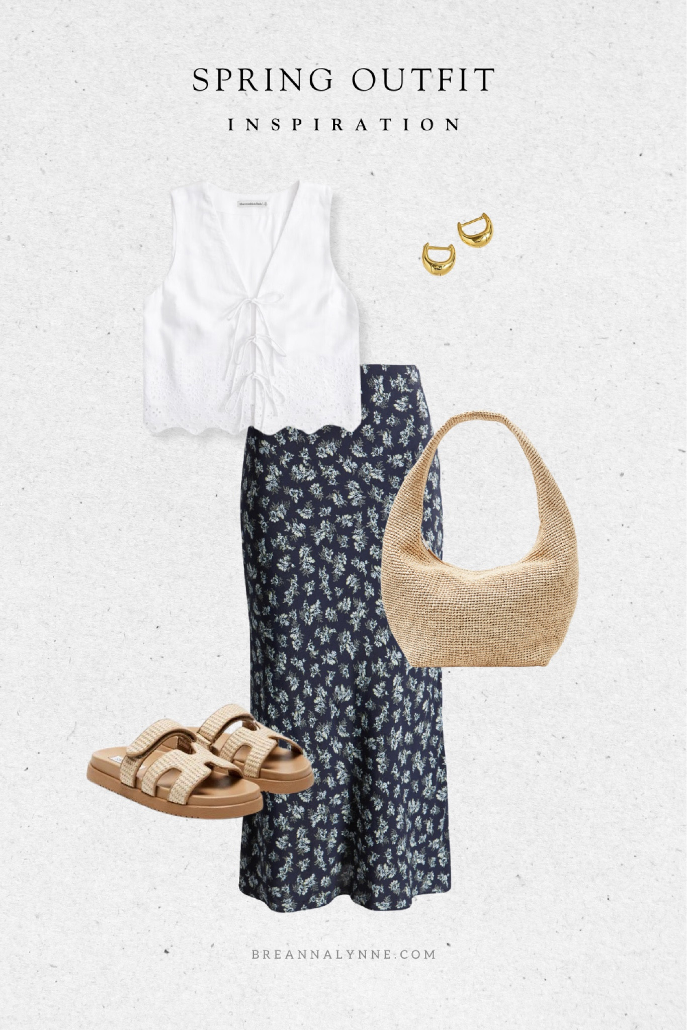 Spring outfit inspiration. Blue floral midi skirt, white tie front top, sandals, gold hoop earrings 

#LTKSeasonal #LTKfindsunder50 #LTKfindsunder100