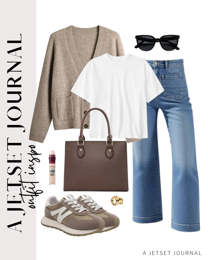 For our next outfit, layer this khaki V-neck cardigan over a Serord white tee, then pair it with these wide-leg jeans from Tankaneo. It’s a fit for a perfect relaxed day or travel. Wear these somiliss fashion platform sneakers and use a CHICAROUSAL crossbody purse for this fit.  

 #LTKSeasonal #LTKSaleAlert #LTKTravel