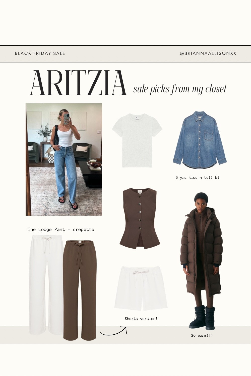 Aritzia Black Friday picks that I own and love! Super puff size xs, denim forum jeans size 25 color 7 yrs taboo, and size small in everything else! 

Aritzia sale, Black Friday, cyber Monday, low rise jeans, white t shirt, tank top, the lodge pants, denim shirt, capsule wardrobe, outfit staples 

#LTKCyberWeek #LTKGiftGuide #LTKSaleAlert