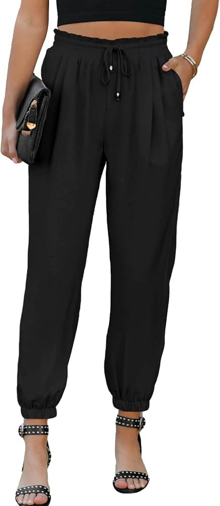 EVALESS Womens 2025 Summer Casual Pants Drawstring Elastic High Waisted Work Trousers Joggers Tre... | Amazon (US)