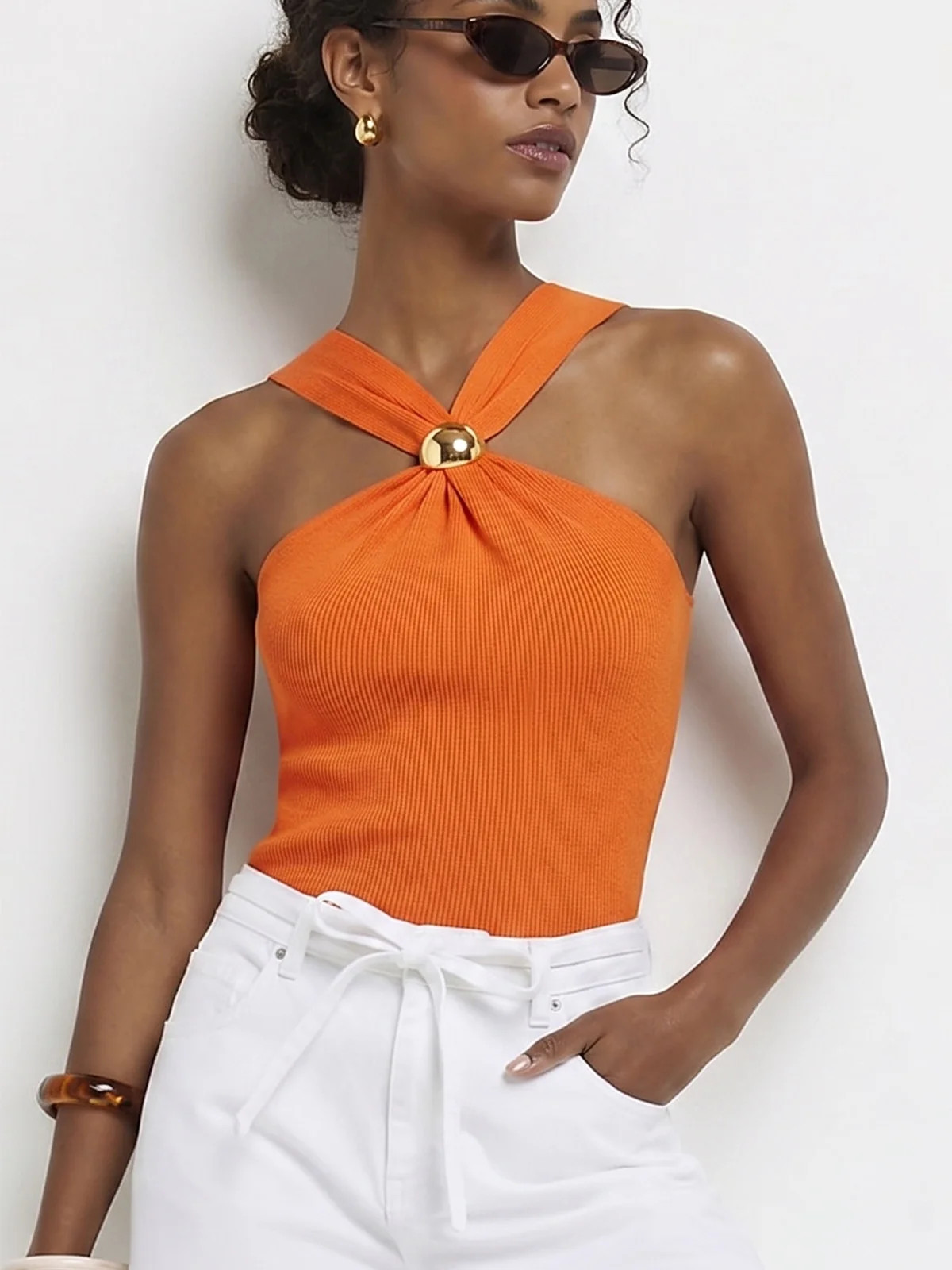 Metal Detail Ribbed Knit Tank Top | Commense