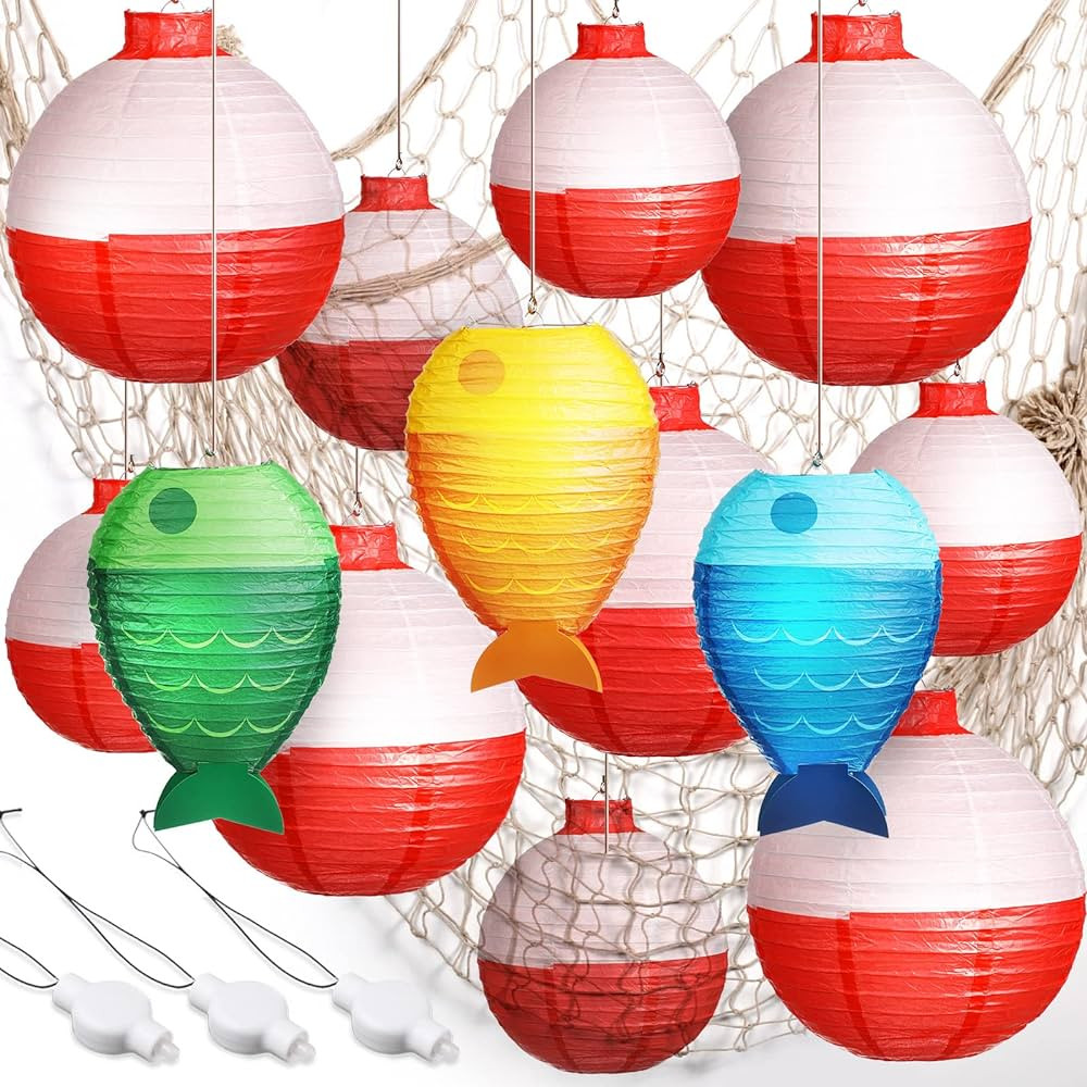 17 Pcs Fishing Birthday Party Decorations Set 3 Fish Shaped Hanging Paper Lanterns 10 Fishing Bob... | Amazon (US)