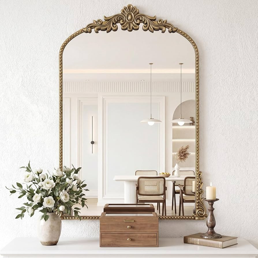 36"x24" Vintage Gold Baroque Arched Wall Mirror - Ornate Floral Scroll Beaded Iron Frame Antique ... | Amazon (US)