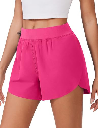 PINSPARK Athletic Shorts for Women Elastic High Waist Workout Shorts Quick Dry Track Shorts with Mesh Liner Hot Pink Large | Amazon (US)