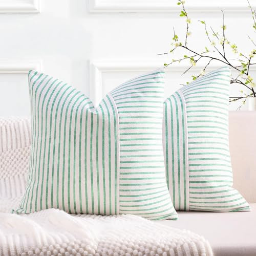 YCOLL Farmhouse Pillow Covers 26x26, Modern Accent Spring Throw Pillow Covers Set of 2, Green Striped Patchwork Linen Decorative Pillows Cushion Covers for Couch Bedroom Summer Home Decor | Amazon (US)