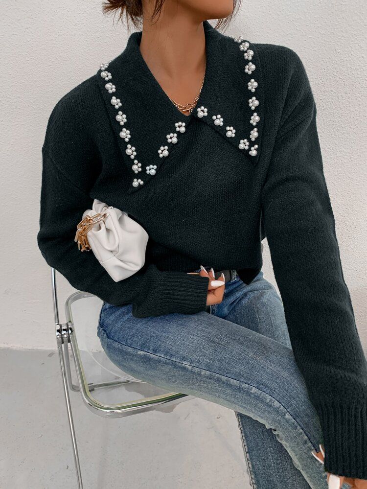 Collar Pearl Detail Drop Shoulder Sweater | SHEIN